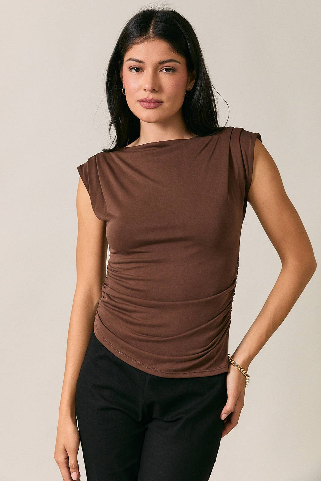 Cap Sleeve Pleated Shoulder Ruched Waist Asymmetric Top