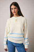 Round Neck Long Sleeve Stripe Featured Sweater Top