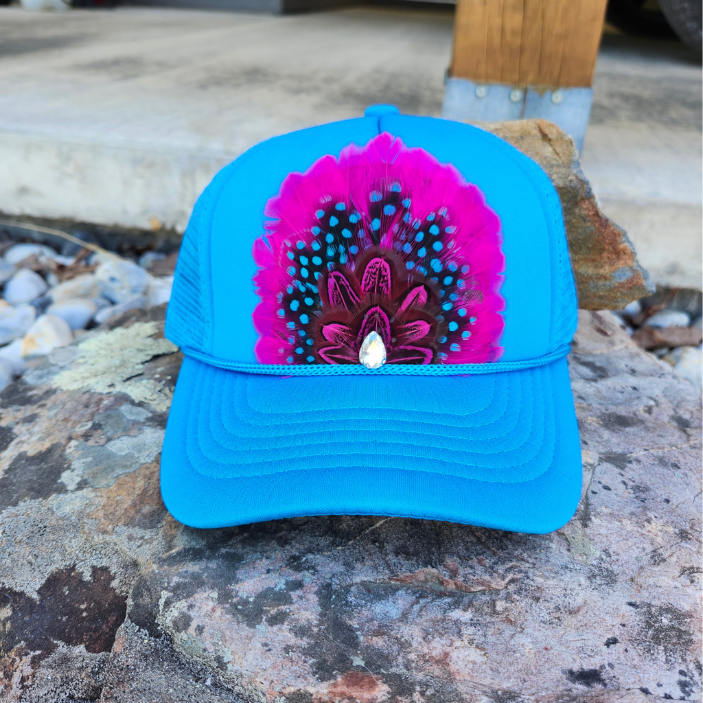 Neon Blue "Cosmic Cowgirl" Feathered Trucker Hat Ranch Glam