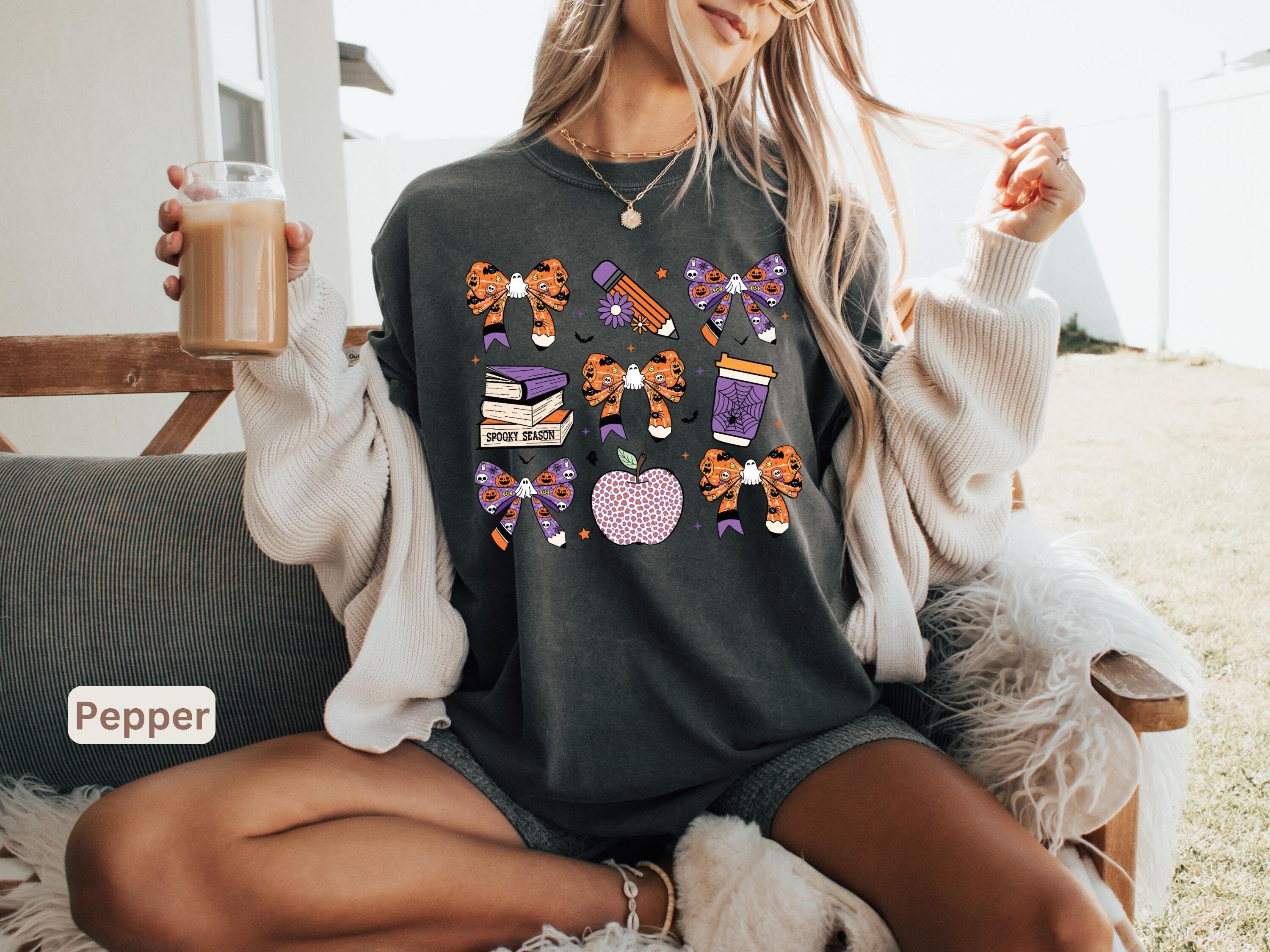 Comfort Colors Teacher Halloween Spooky Bow Unisex T-shirt, Sweatshirt, Hoodie (2)