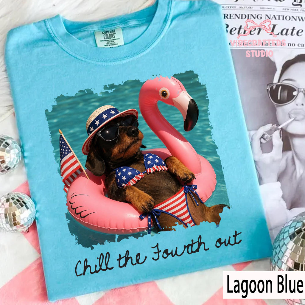 Chill Fourth Patriotic Dachshund Comfort Colors 4th July Tee Wiener Dog Usa Summer Pool Party Tee (2)