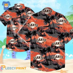 SF Giants Short Palm Leaves Sleeve Button Up Tropical Hawaiian Shirt