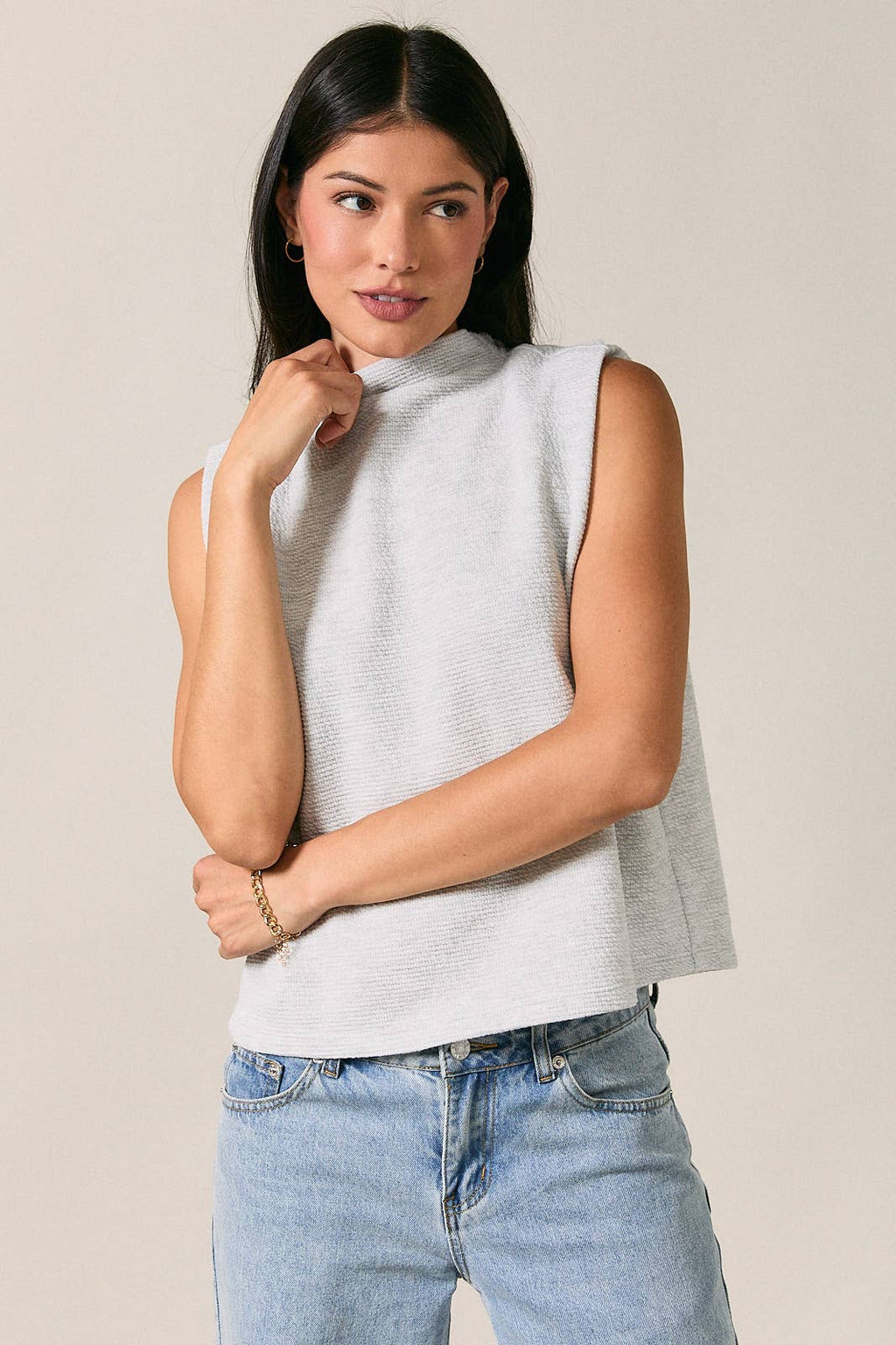 Mock Neck Sleeveless Folded Shoulder Top