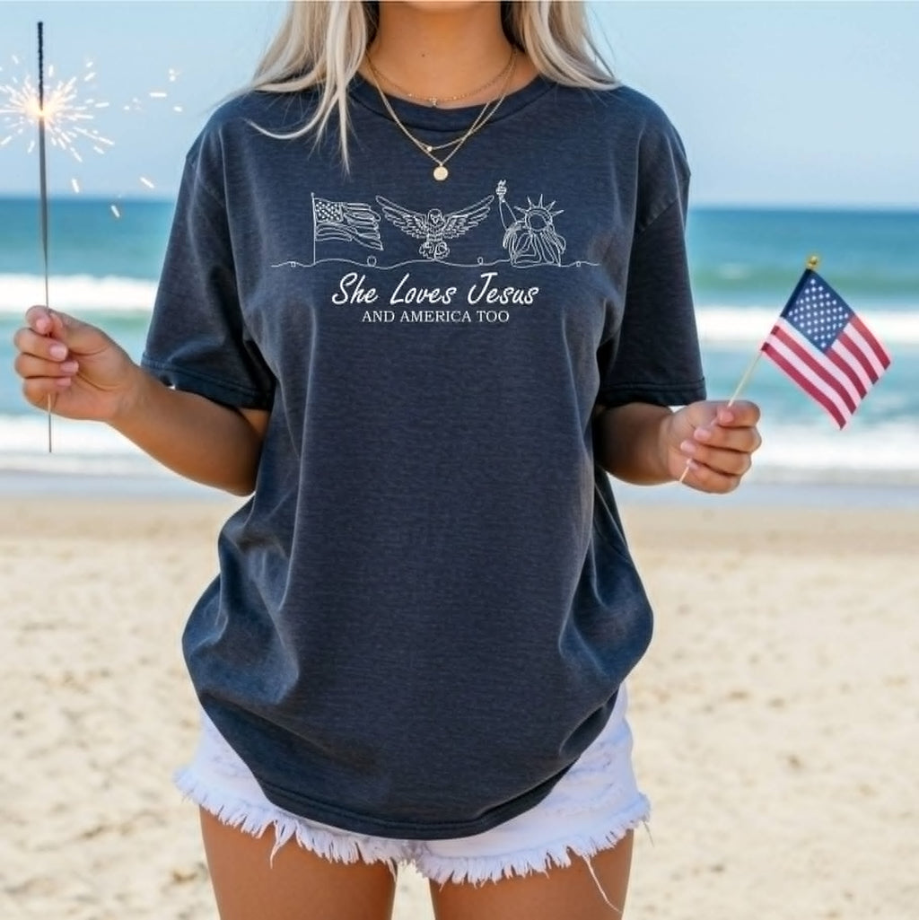She Loves Jesus America Too Navy Patriotic Graphic Tee