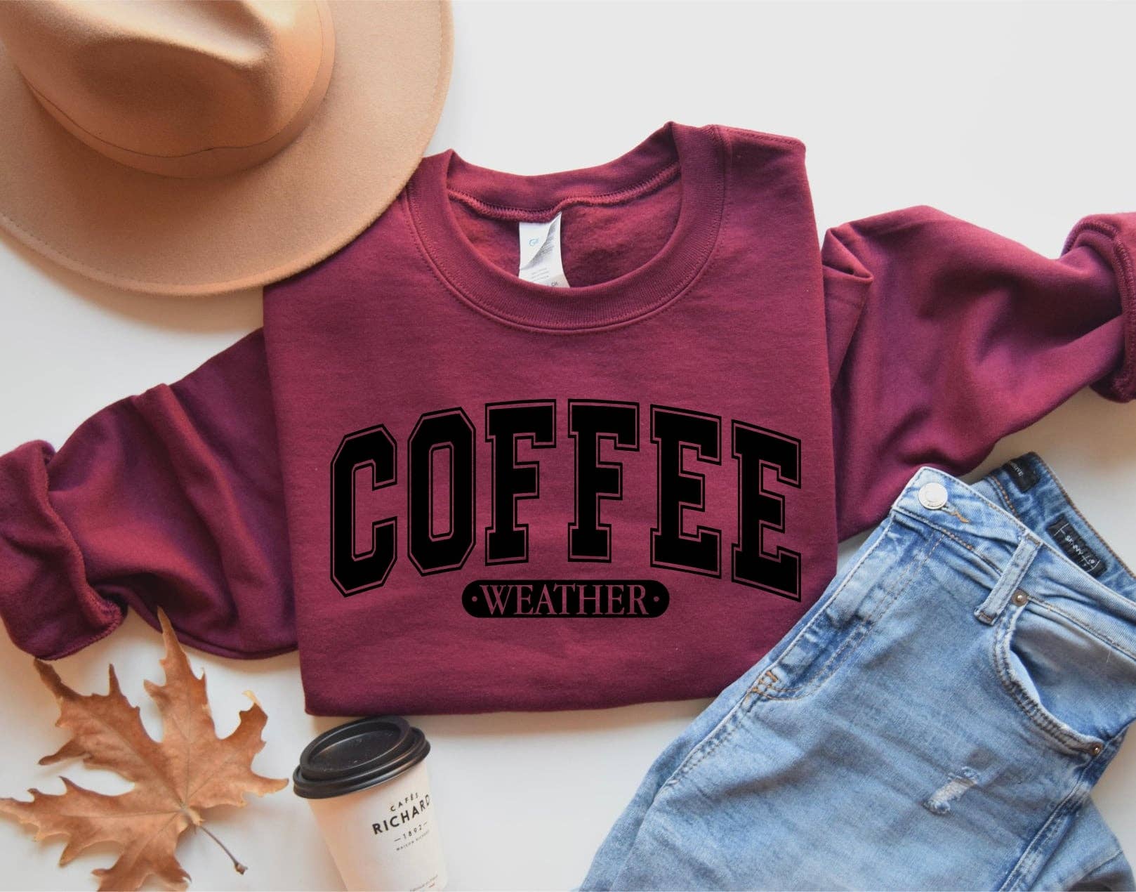 Coffee Weather Maroon Cozy Graphic Sweatshirt Free Ship