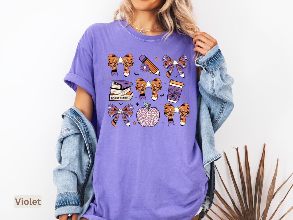 Comfort Colors Teacher Halloween Spooky Bow Unisex T-shirt, Sweatshirt, Hoodie (3)