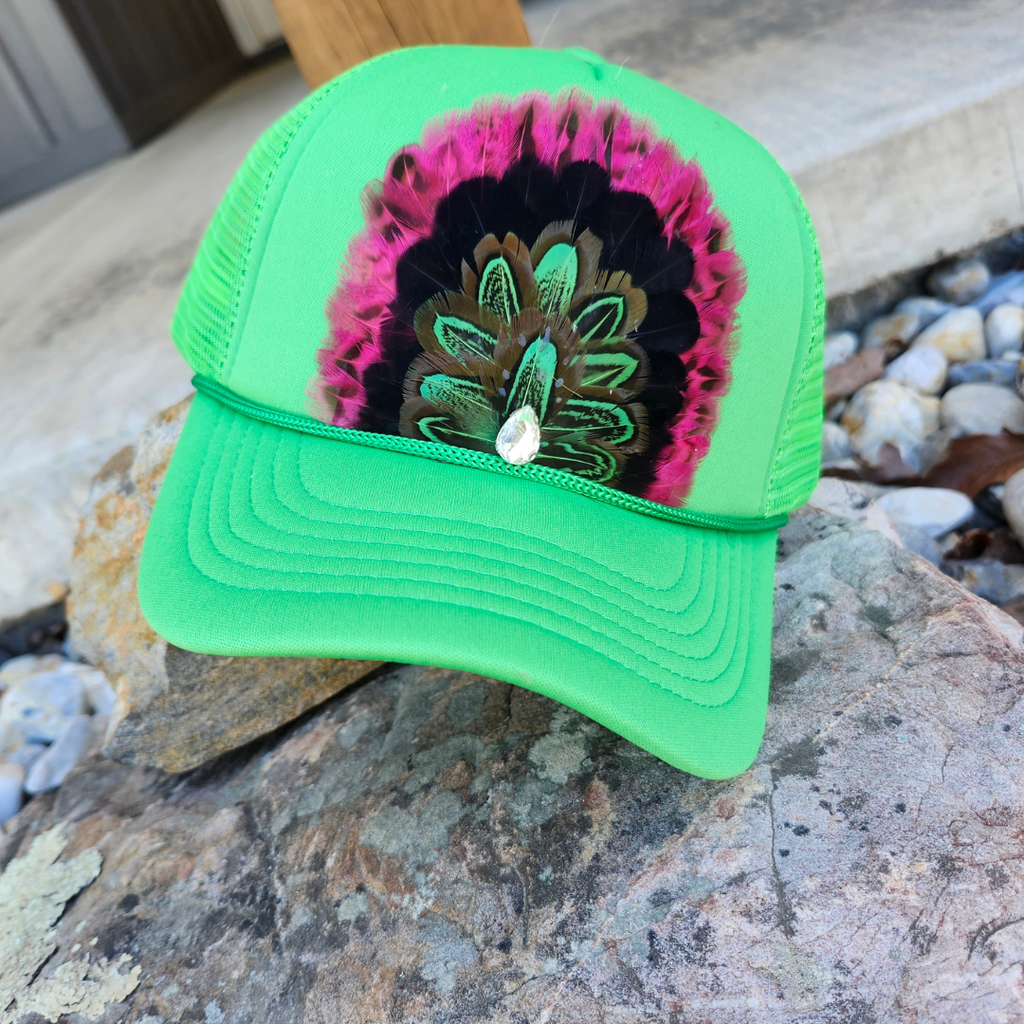 Summer Green Cosmic Cowgirl Feathered Trucker Hat Ranch Glam