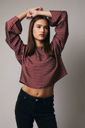 Wide Neck Long Sleeve Stripe Blouse