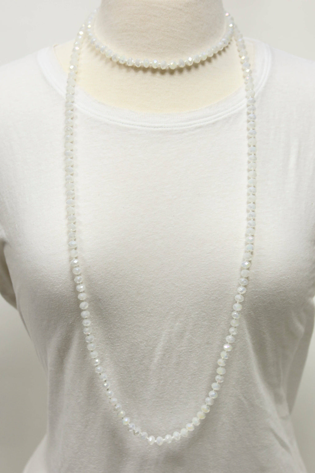 NK-2244 White 60 Hand Knotted Glass Bead Necklace