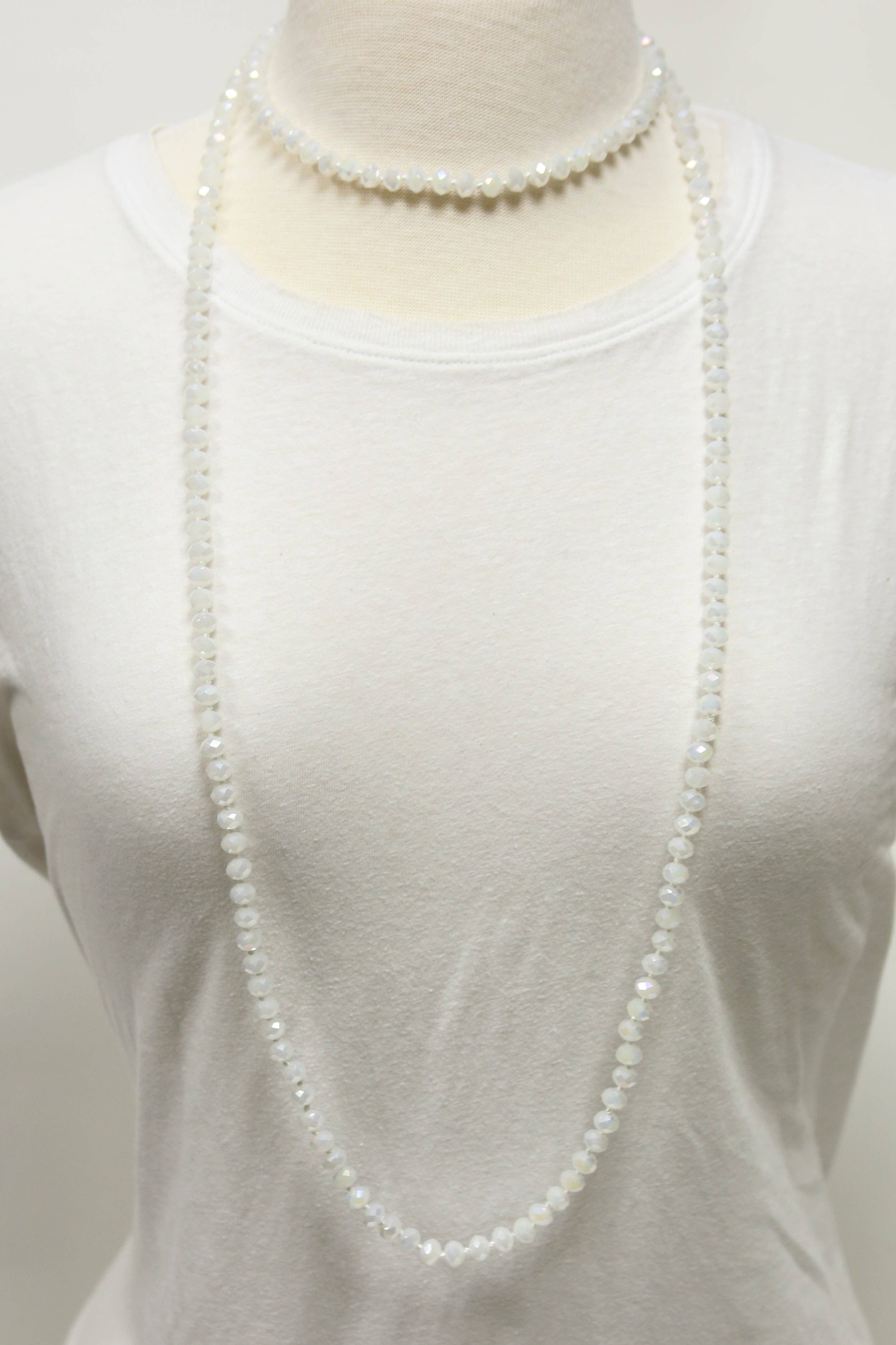 NK-2244 White 60 Hand Knotted Glass Bead Necklace