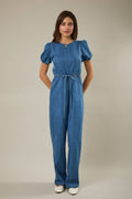 Short Puff Sleeve Denim Jumpsuit with Cinched Waist