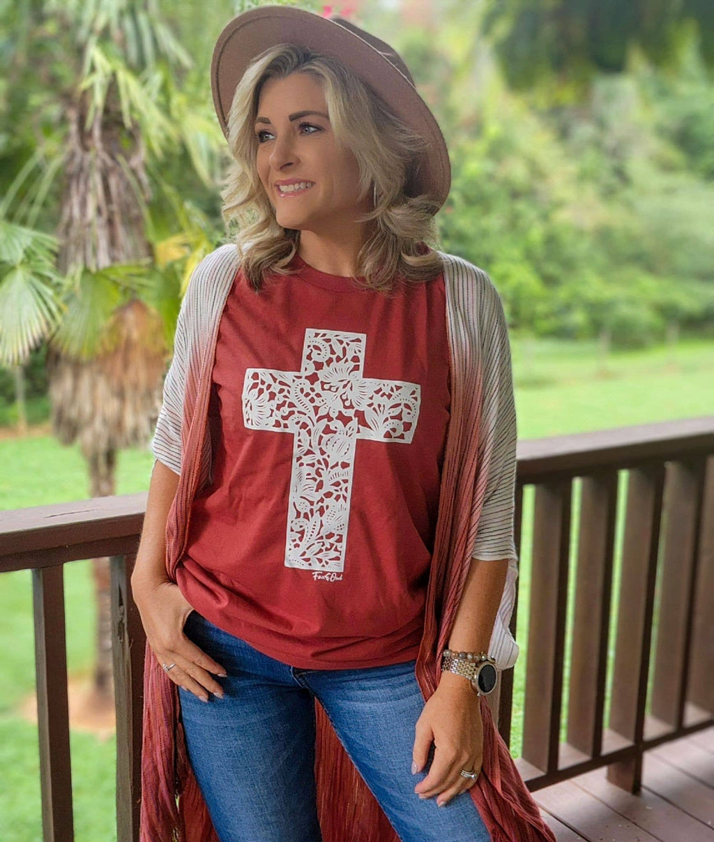 Rust Lace Cross Tultex Faith Inspirational Boho Graphic Tee