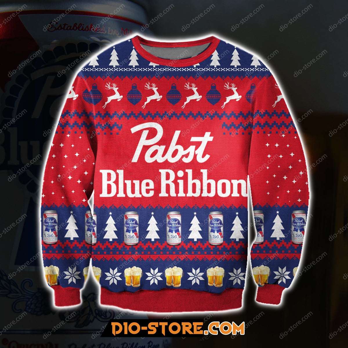 3D All Over Print Knitting Pattern Pabst Blue Ribbon Beer Ugly Christmas Sweater