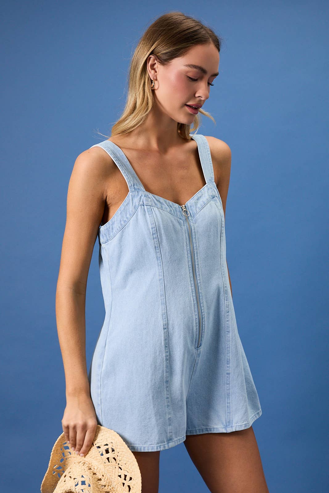 Shoulder Strap Front Zip Up Denim Romper