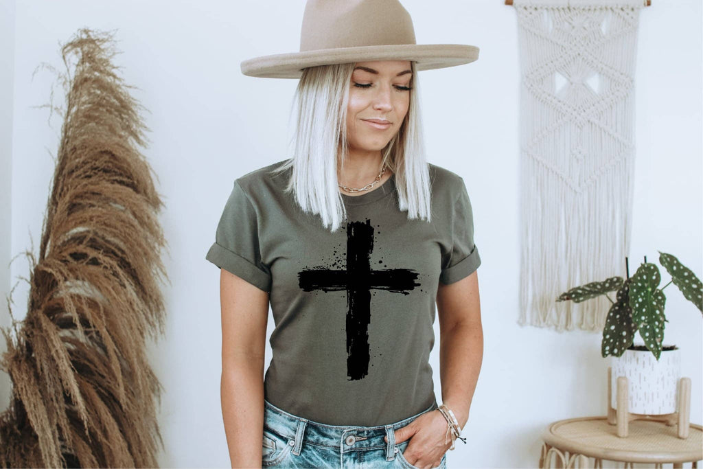 Olive Distressed Cross Bella Faith Based Graphic Tee