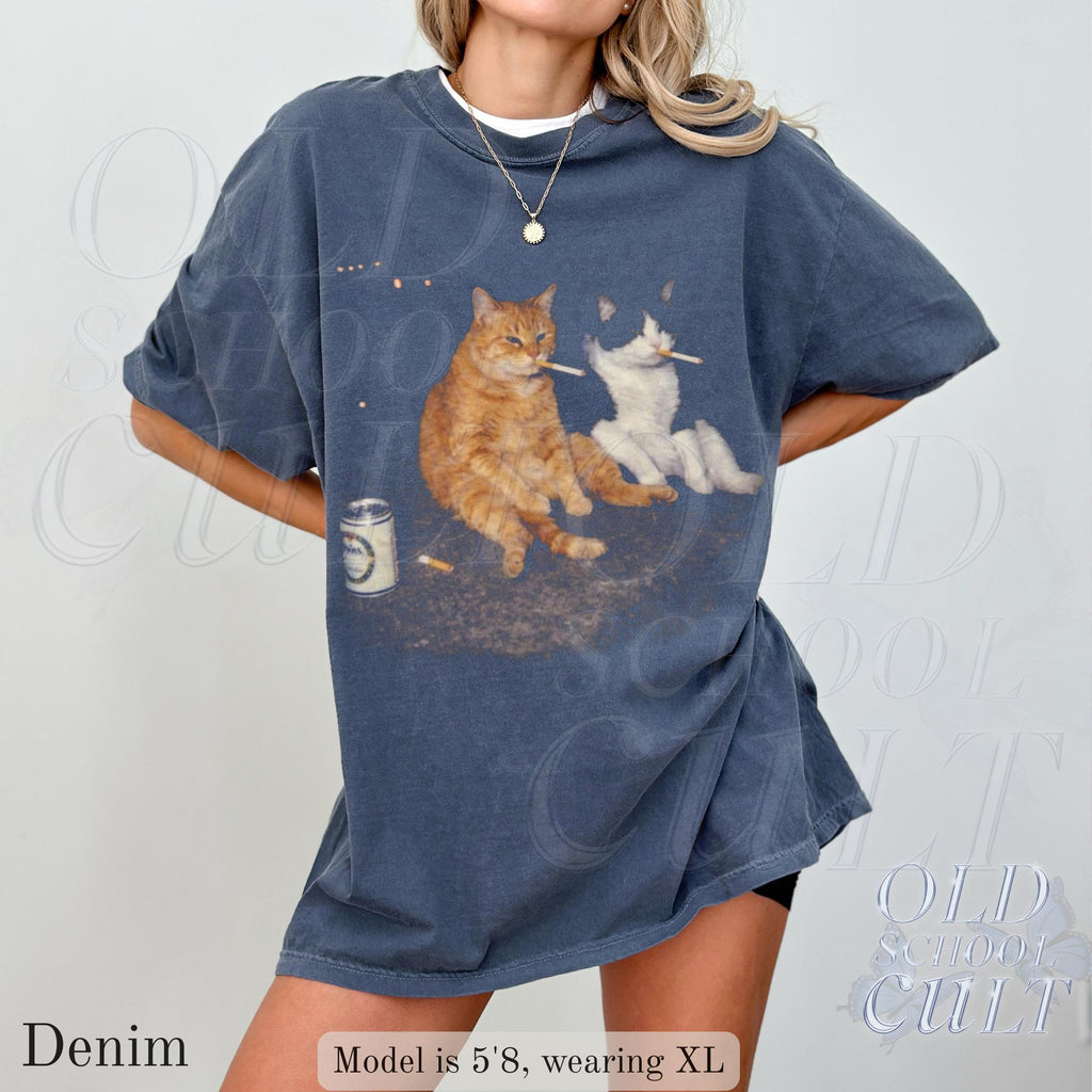 Smoking Cats Vintage Smoking Cat Tee Retro Streetwear Kitten Oversized Beer (5)