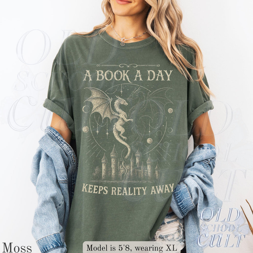 Book Day Keeps Reality Away Dragon Fantasy Comfort Colors Gothic Grunge Castle Reader (5)