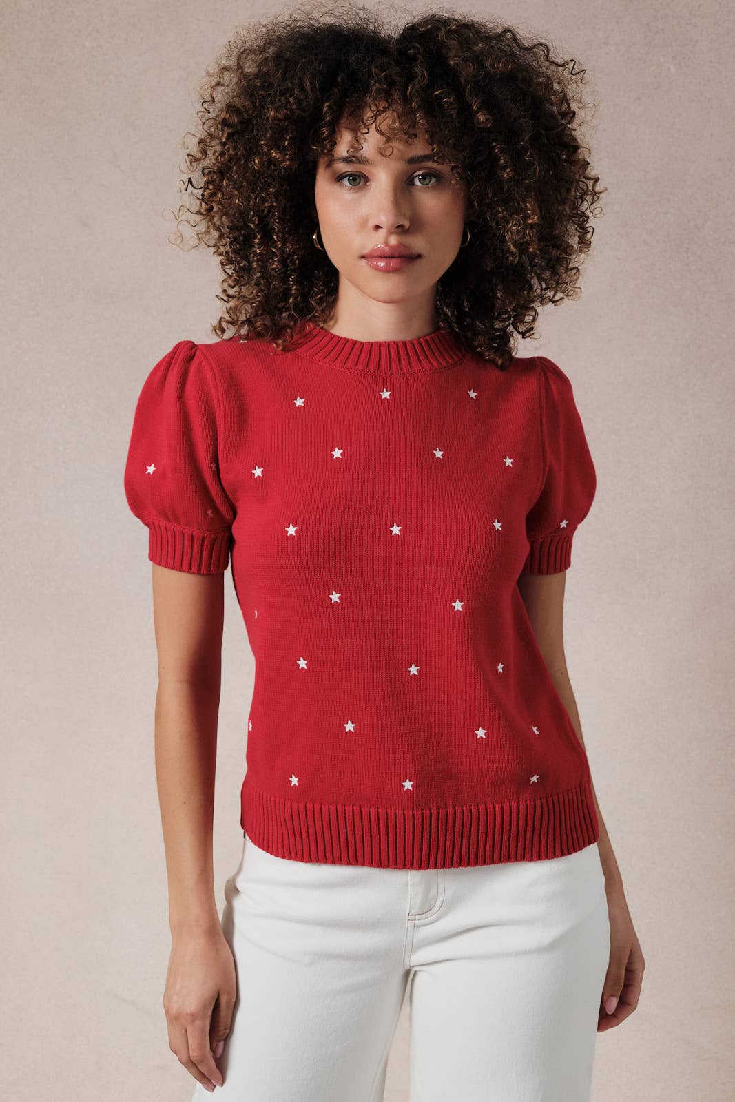 Round Neck Puff Half Sleeve Star Embroidered Sweater Top