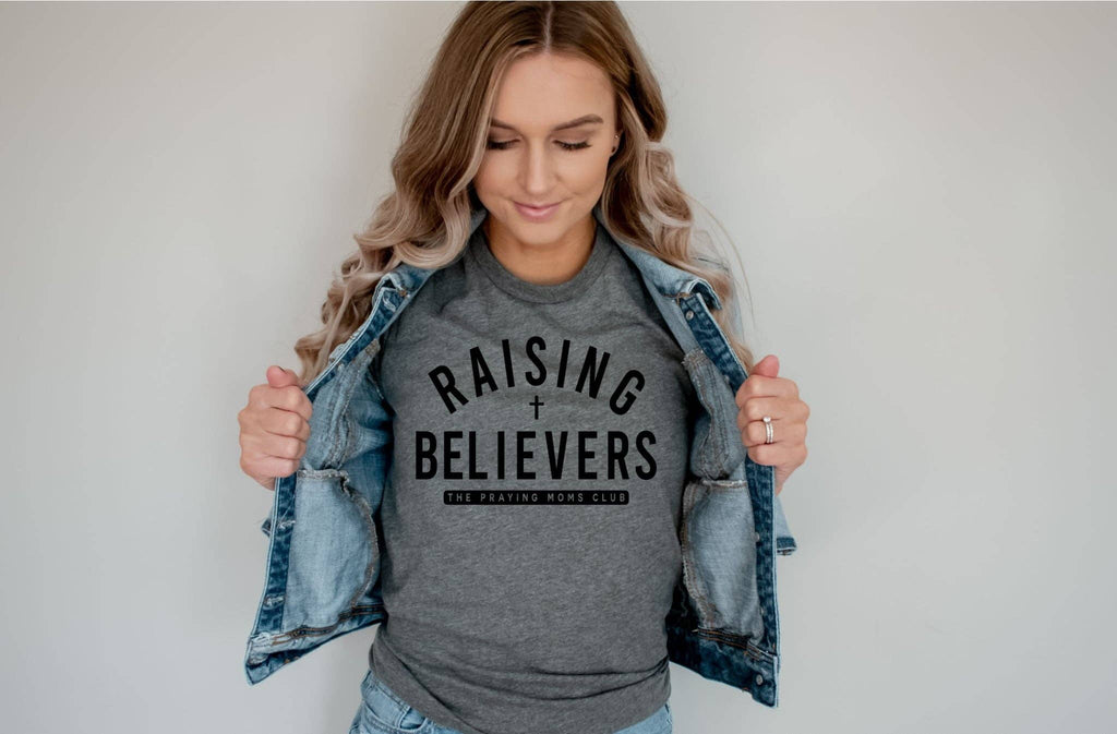 Raising Believers Grey Bella Faith Based Mom Graphic Tee