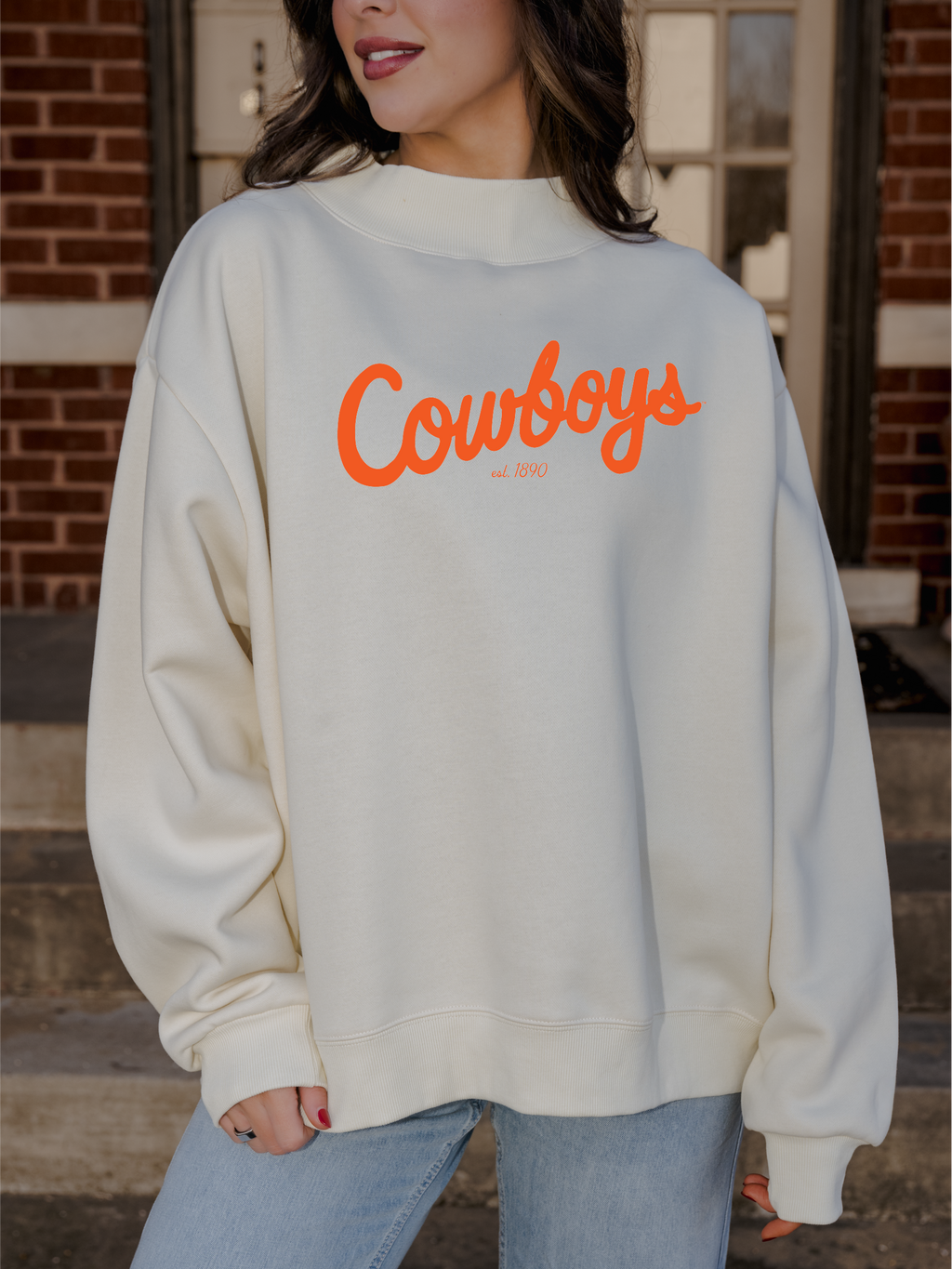 Osu Cowboys Bold Script Ivory Weekend Mock Neck Sweatshirt
