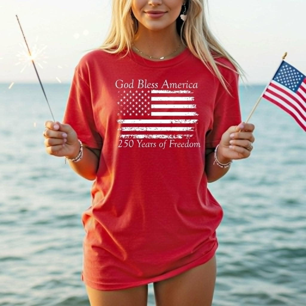 God Bless America Red 250th Celebration Faith Graphic Tee