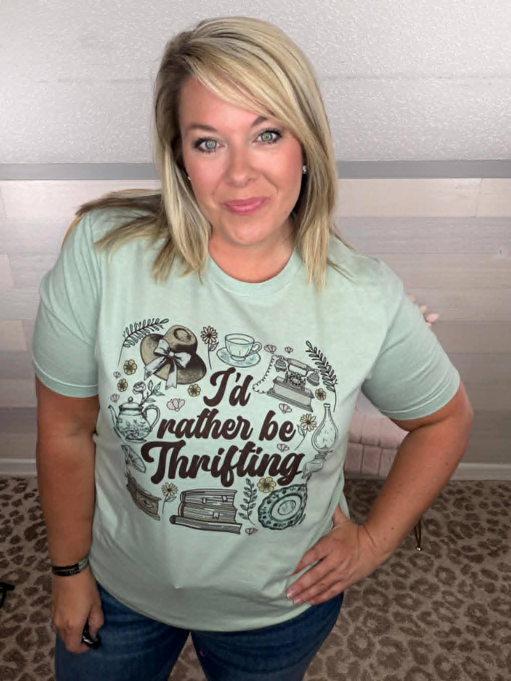 Vintage Rather Be Thrifting Collage Dusty Blue Graphic Tee