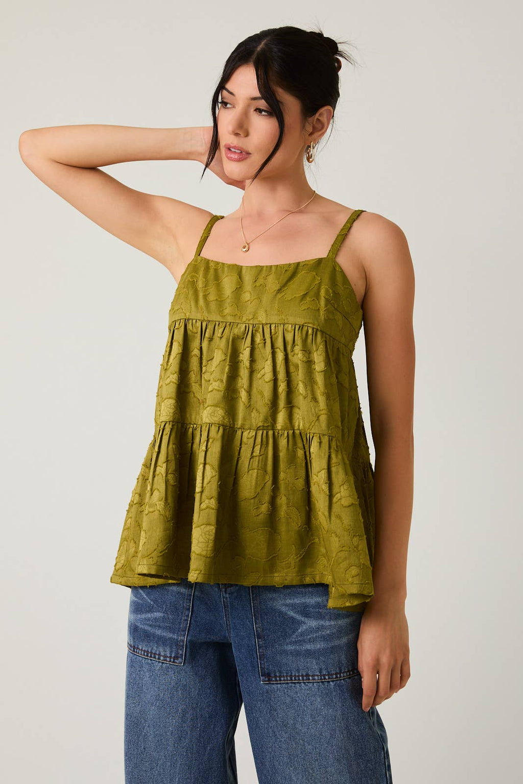 Sleeveless Tiered Jacquard Woven Top