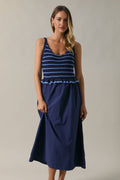 Crochet Striped Sweater Tank and Contrast Poplin Midi Dress