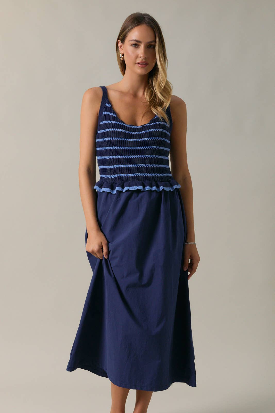 Crochet Striped Sweater Tank and Contrast Poplin Midi Dress