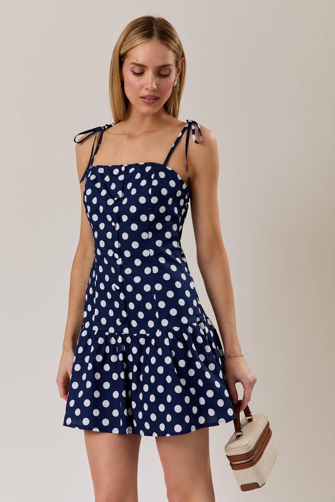 Drop Waist Button Detail Polka Dot Mini Dress