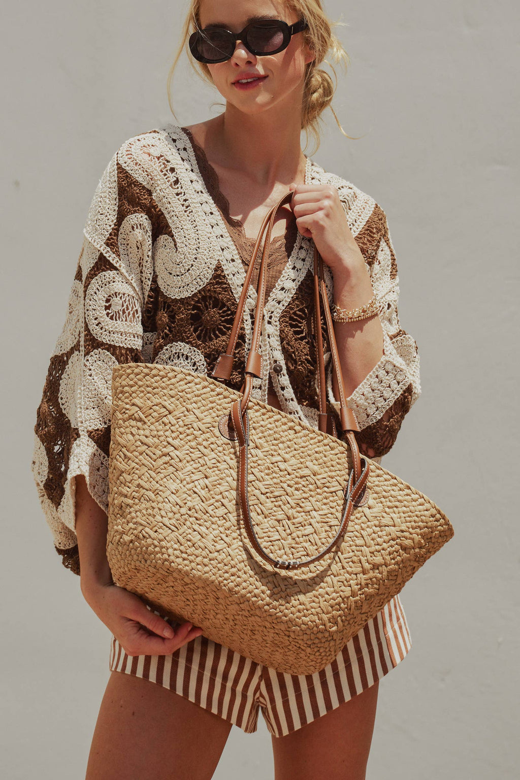 Woven Straw Market Tote Bag with Leather Straps