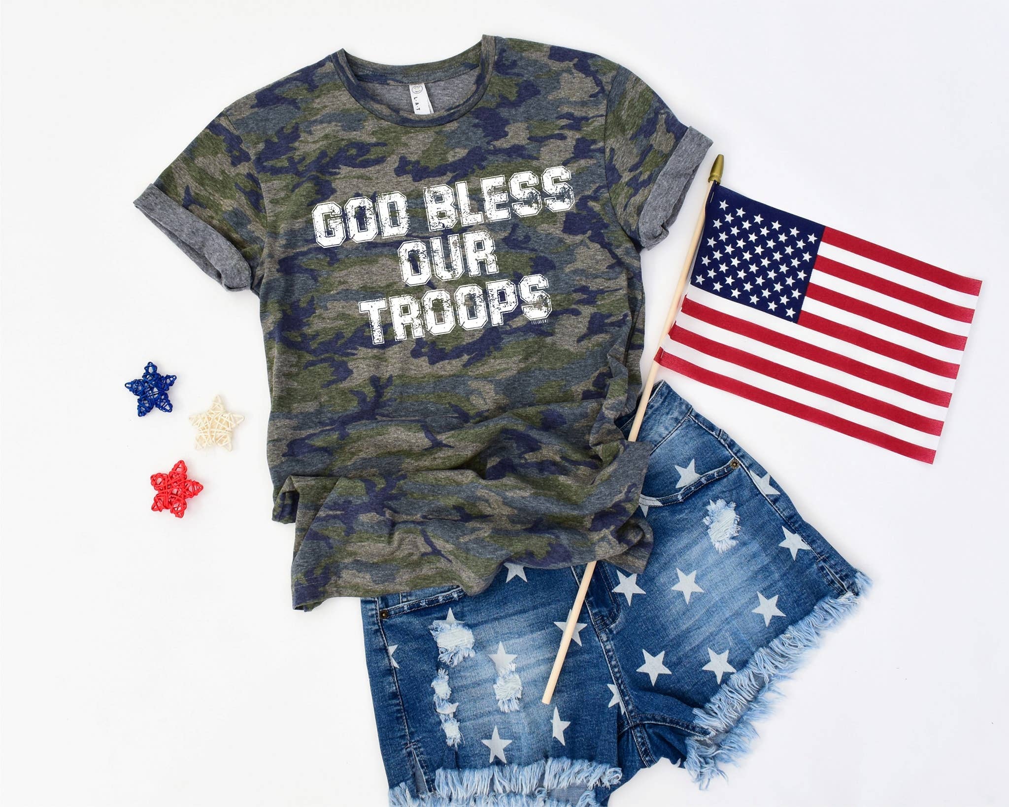 God Bless Our Troops USA Camo Graphic Tee Free Shipping