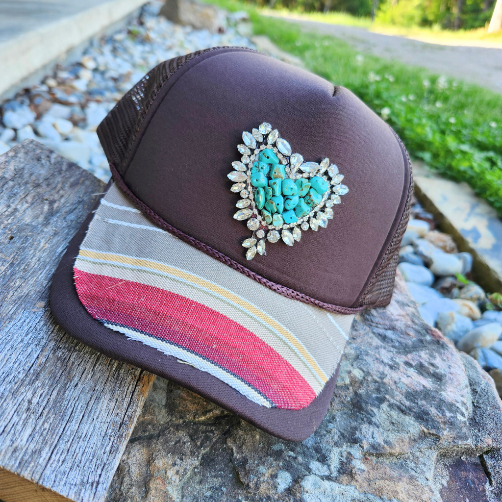 Western Glam Rhinestone Turquoise Trucker Hat Serape Brim