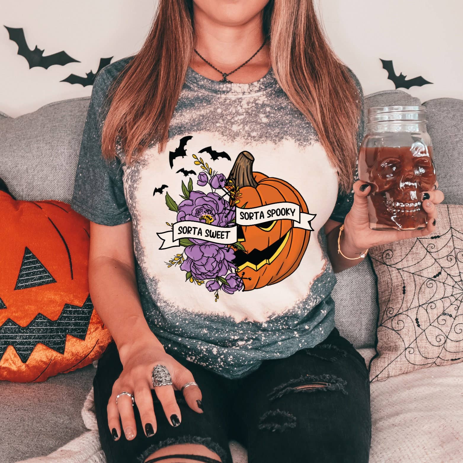 Sorta Sweet Sorta Spooky Bleached Tee - Halloween Graphic