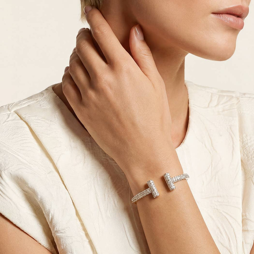 Gold Cz Pave T Cuff Bracelet