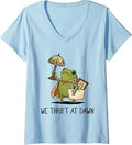Women's We Thrift At Dawn Funny Frog Thrifting Vintage V-Neck T-Shirt