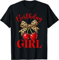 Birthday Girl Leopard Coquette Bow Red Cherry Bday Women T-Shirt