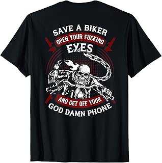 Save A Biker Open Your Eyes Get Off Your Phone Skull (Back) T-Shirt