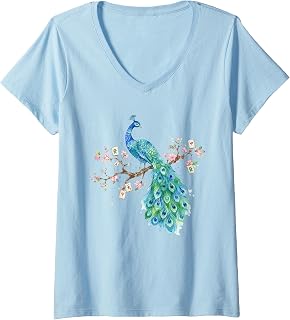 Women's Watercolor Peacock Mahjong Cherry Blossom Bird Mah-Jongg V-Neck T-Shirt