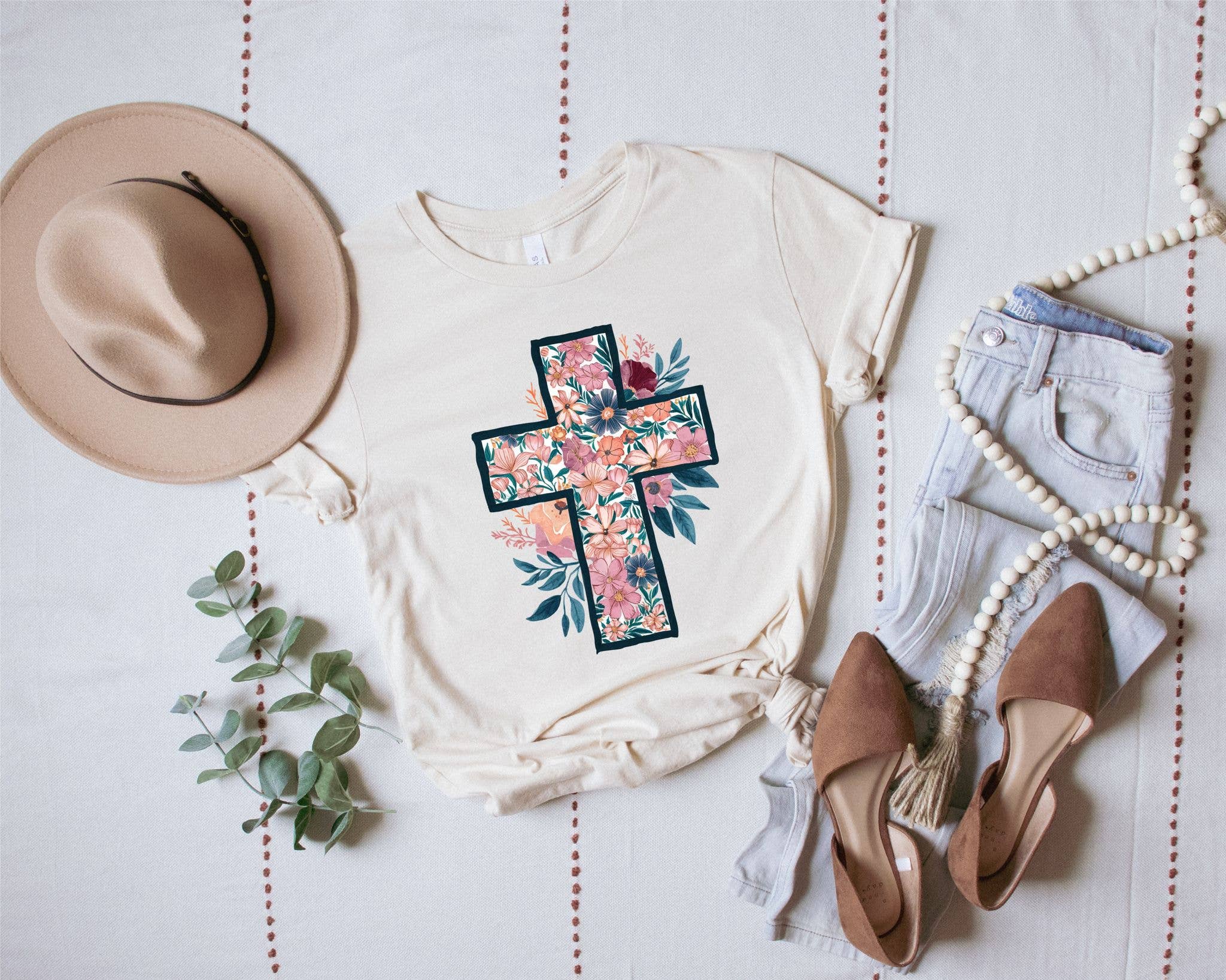 Floral Cross Cream Vintage Faith Graphic Tee Free Shipping