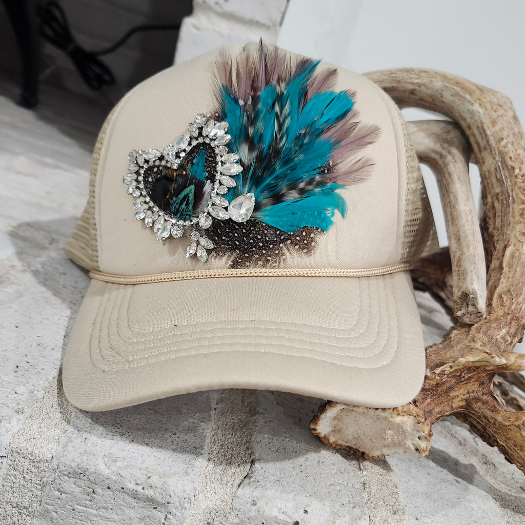 Rhinestone Heart and Feather Trucker Hat Khaki Color