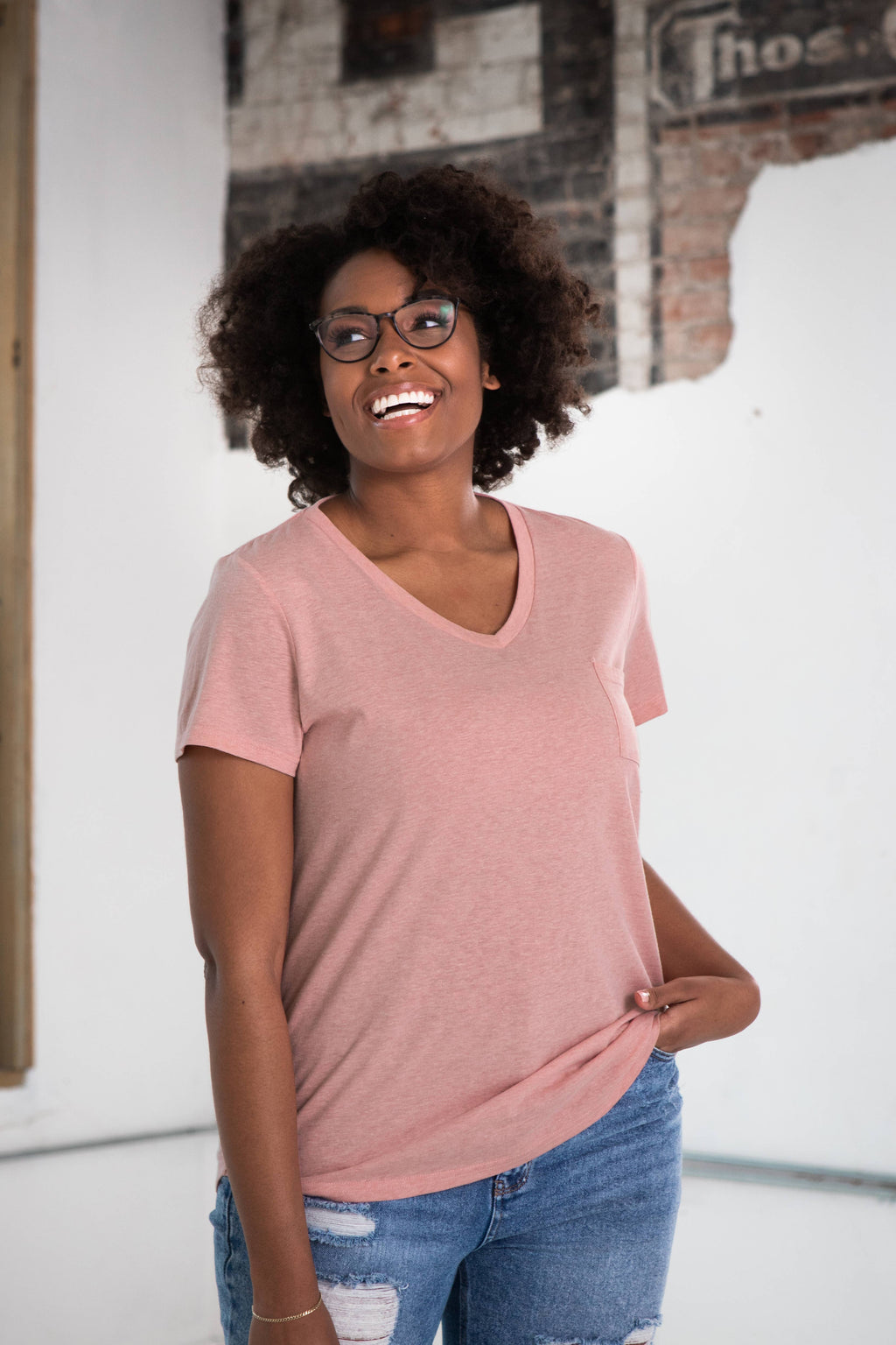 Ladies Drop Hem V-Neck Pocket Tee
