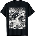 Black Cat Biting Shark Anime Graphic Tees Men Cool Japanese T-Shirt