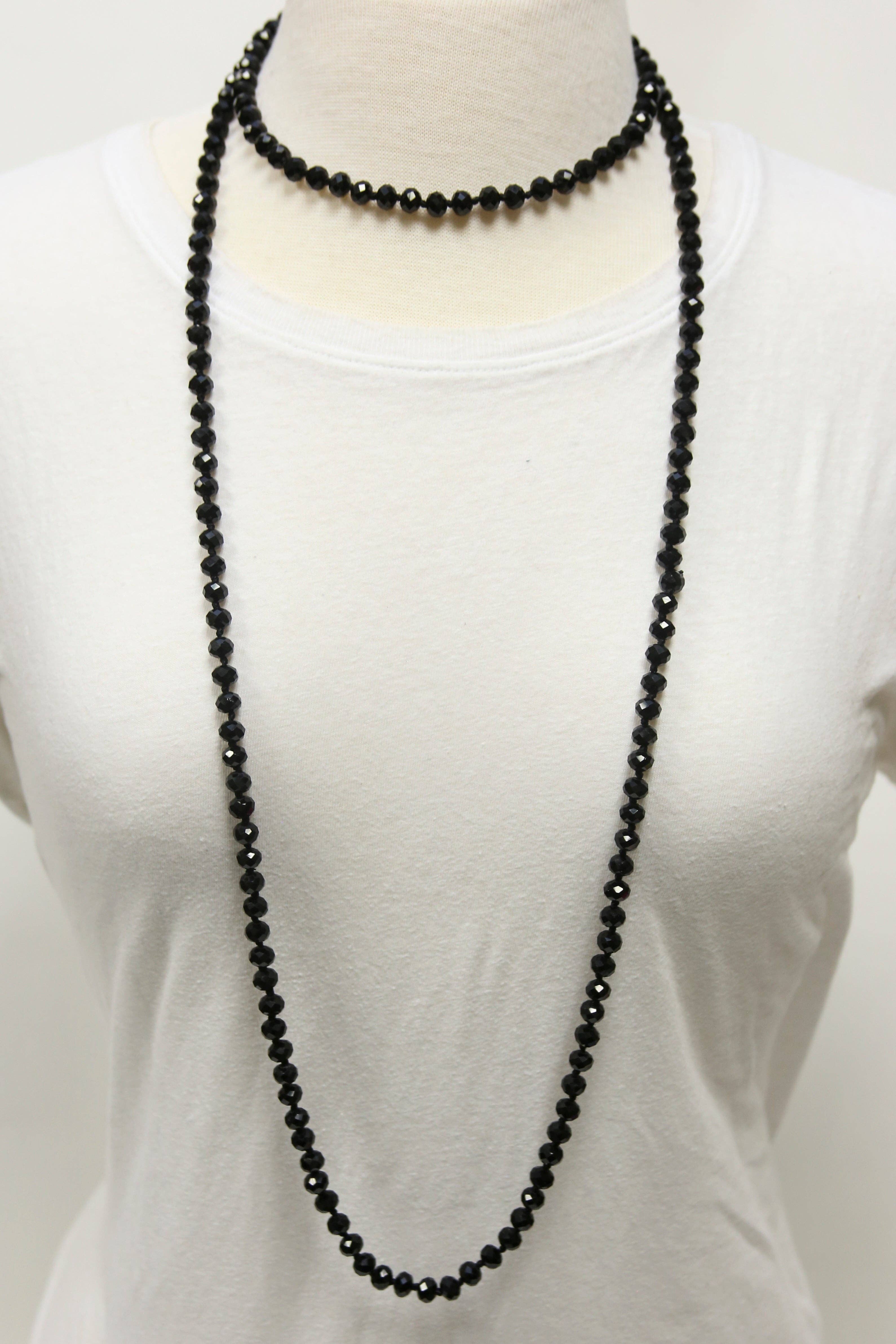 NK-2244 Black 60 Hand Knotted Glass Bead Necklace