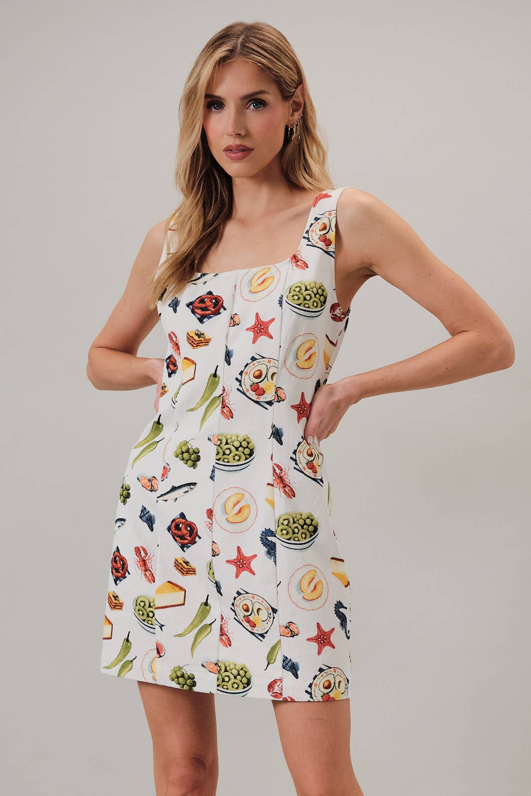 Square Neck Sleeveless Nautical Print Denim Mini Dress
