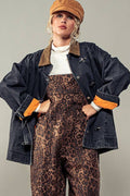 Oversized Corduroy Collar Hook Closure Denim Jacket