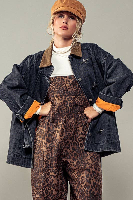 Oversized Corduroy Collar Hook Closure Denim Jacket