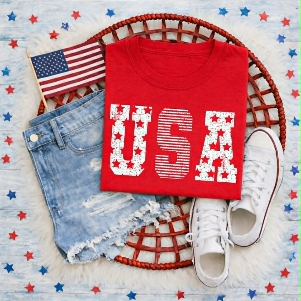 Distressed Stars & Stripes Red USA 4th of July Graphic Tee