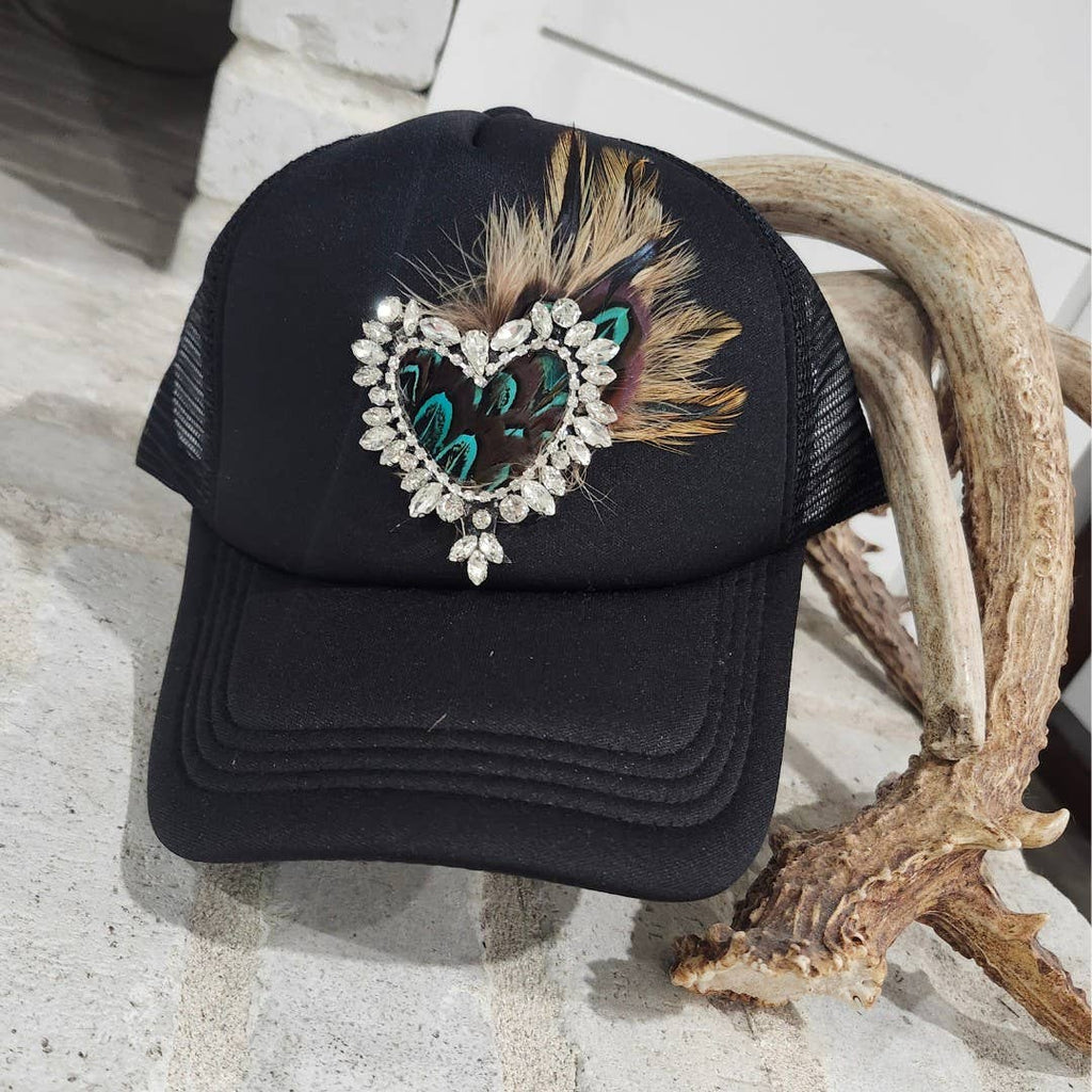 Rhinestone Heart and Feather Trucker Hat