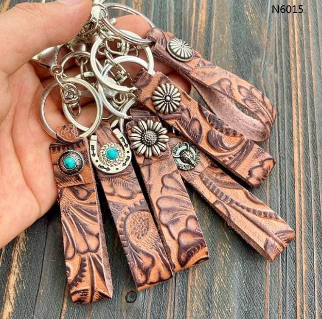 Brown Leather Keychains with Turquoise - Set of Six